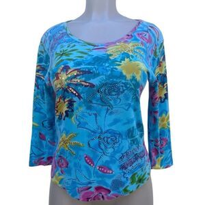 Club Z Collection Blouse Top Large Multicolor Tropical 3/4 Sleeve Embellished